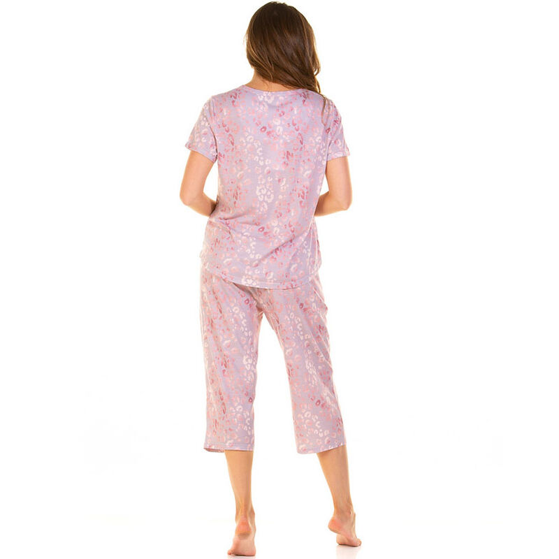 Wysteria Lane Rose Leopard Crew Neck Short Sleeve Cropped Pyjama Set image number 1